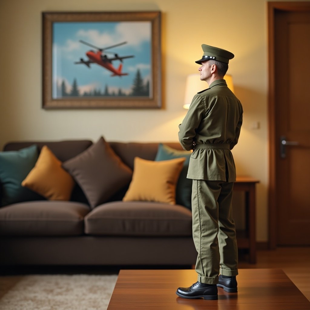 A soldier in military uniform stands in a living room. The soldier looks at a framed photo of a rescue mission. The living room has a couch with colorful cushions and a warm light from a lamp.