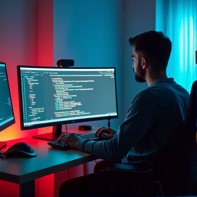 A person is working on a computer in a room with red and blue lighting.