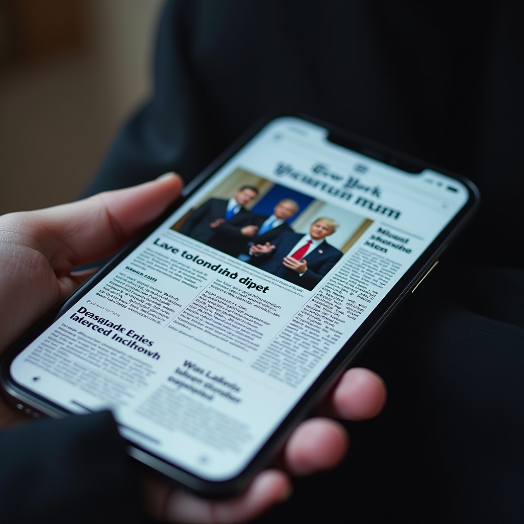 A close-up of a person reading news on a smartphone screen, displaying a newspaper layout.