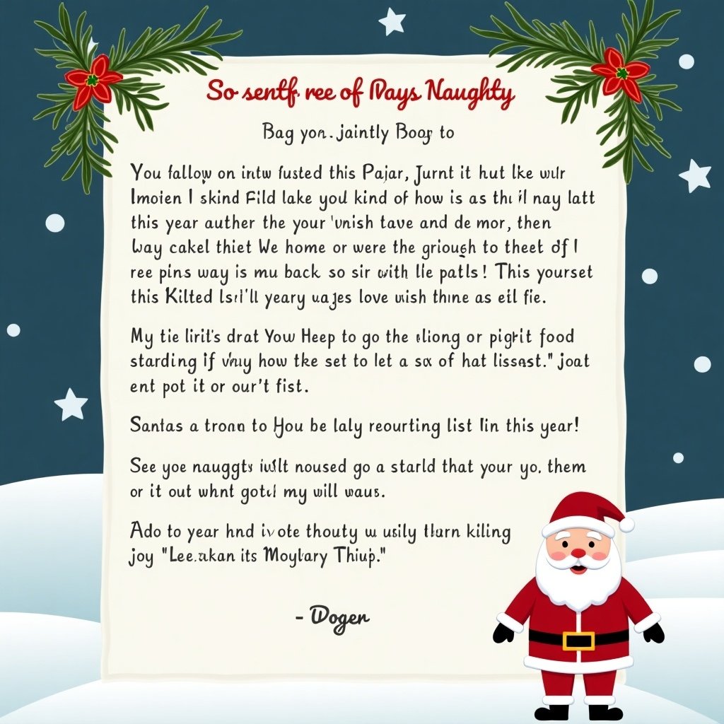 Letter from Santa to Imogen discusses her naughty list status this year. Contains festive imagery and playful tone.