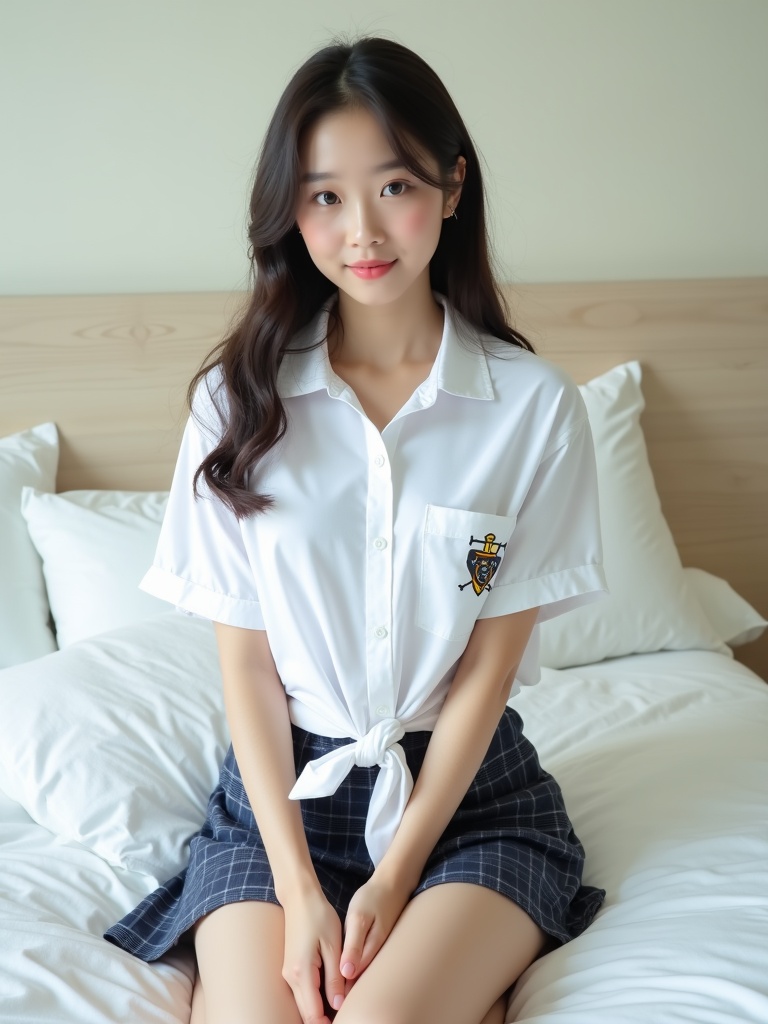 A young woman sits on a neatly made bed, exuding a calm and serene demeanor. She wears a tied white shirt with a crest and a pleated skirt, her pose relaxed and her gaze gentle. The setting has a minimalistic design, enhancing the focus on the subject's natural beauty and the soft ambiance of the room.