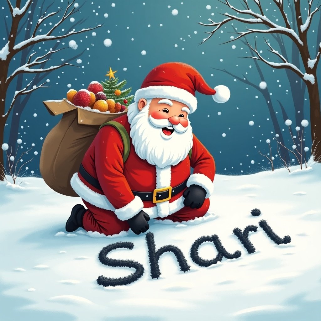 Santa Claus is joyfully writing 'Shari' in the snow. He wears his traditional red suit and hat. A bag filled with Christmas ornaments sits beside him. Snowflakes fall around in a festive winter scene. Trees are dusted with snow in the background.