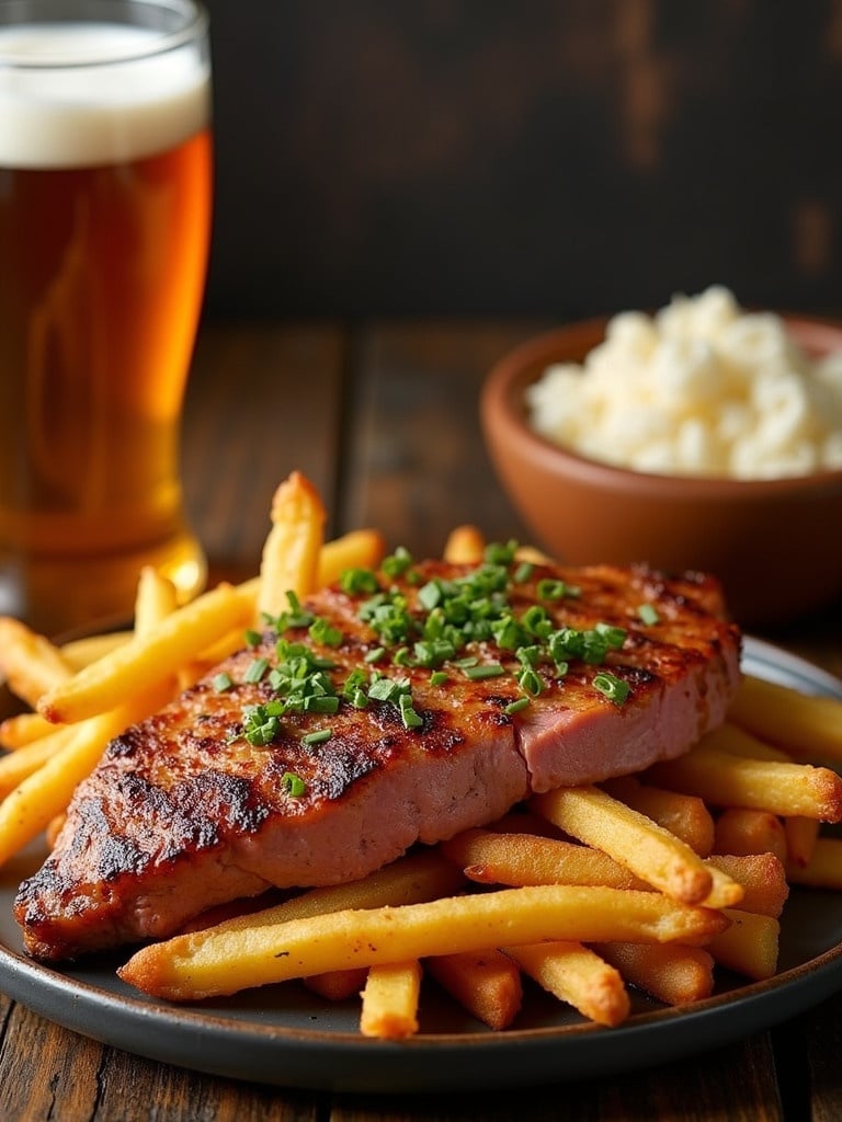 Happy New Year celebration with an Irish fry up. A delicious plate featuring grilled steak on top of crispy golden fries garnished with fresh green onions. Accompanied by a bowl of creamy mashed potatoes and a pint of golden beer in the background. Rustic wooden table setting.