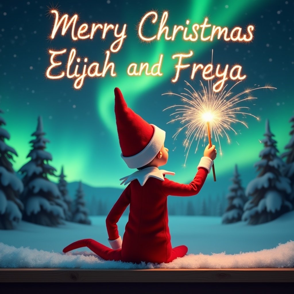 An enchanting Christmas scene with an elf on the shelf facing the sky. The elf is dressed in red and white, holding a magic wand that writes 'Merry Christmas Elijah and Freya' in sparkler script. The background features vibrant northern lights. The scene captures the festive spirit of Christmas with a whimsical twist.