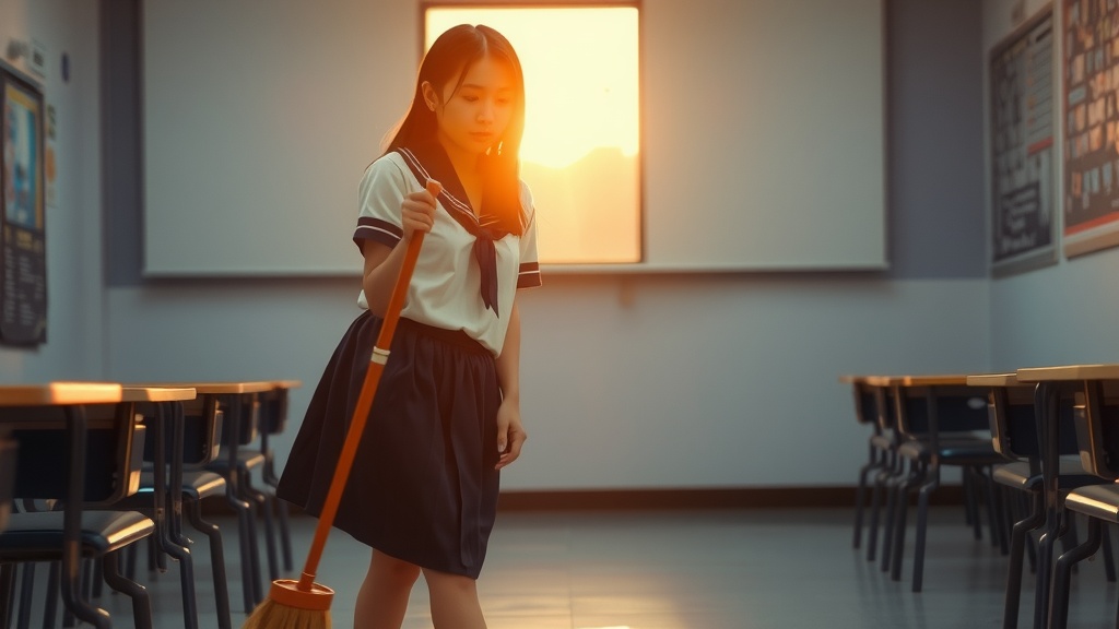 A young girl in a school uniform sweeps a classroom floor at sunset. The warm, golden light from the setting sun streams through the window, casting soft shadows and creating a serene atmosphere. The gentle expression on the girl's face, combined with the empty rows of desks, evokes a sense of tranquility and routine.