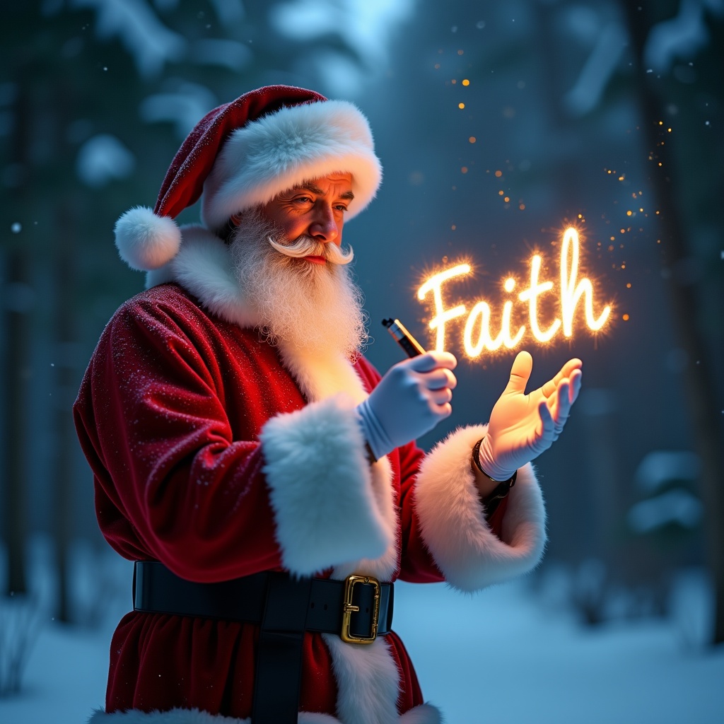 In a snowy forest, Santa Claus stands, dressed in his iconic red suit with a fluffy white trim. He holds a glow stick, casting a soft, enchanting light. With this glow stick, he spells out the word 'Faith' in sparkling letters above him. Snowflakes gently fall around the scene, enhancing the magical atmosphere. The entire setting embodies the joy and warmth of the holiday season, filled with love and belief. Santa's expression is cheerful, reflecting the festive spirit. This moment captures the essence of Christmas and the importance of faith in the holiday season.