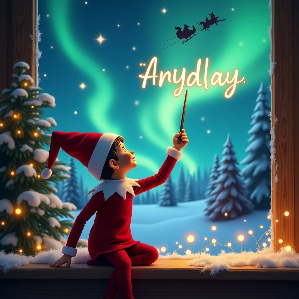 The image depicts a festive scene where a young elf is facing away from the viewer, gazing up at the magical sky. Using a wand, the elf writes a child's name in glowing script against a backdrop of enchanting northern lights. The landscape is filled with snow-covered trees, creating a winter wonderland ambiance. In the distance, Santa Claus can be seen flying in his sleigh, adding to the holiday cheer. The overall feel is whimsical and joyful, perfect for capturing the spirit of Christmas.