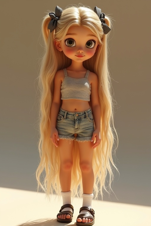 A 11 year old girl with long blonde hair styled with bows. She has a slim figure. She wears a tight Disney crop top. Her outfit includes denim shorts. White socks and sandals complete her look. She has beautiful tanned skin. The image features realistic shadows and a high quality finish.