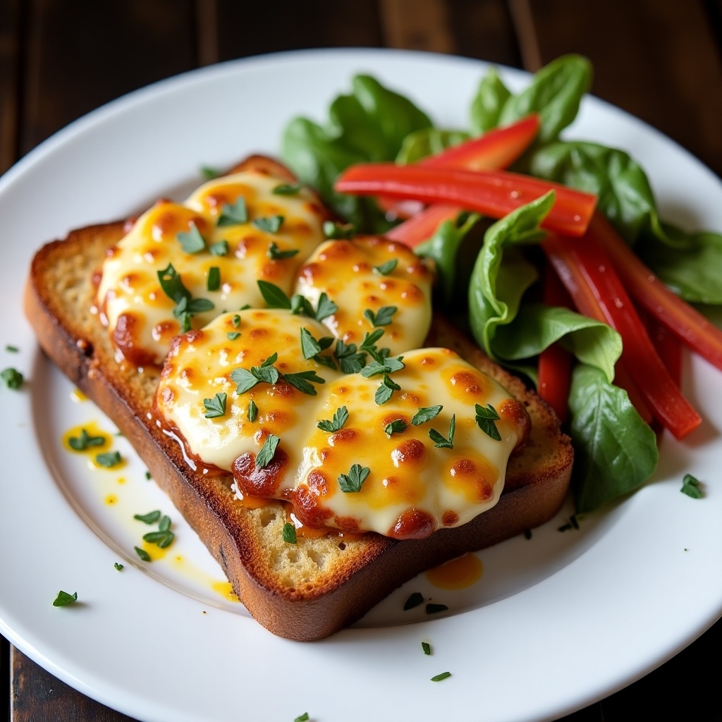 This image showcases a delicious serving of Halloumi and cheese toast. The toast is perfectly golden brown, topped with melted cheese and fresh herbs. It's served with a vibrant side of fresh salad, including crisp red bell peppers and leafy greens. The dish is presented on a clean white plate, making it visually appealing. This meal is not only quick to prepare but also bursting with flavor, perfect for a light lunch or snack.