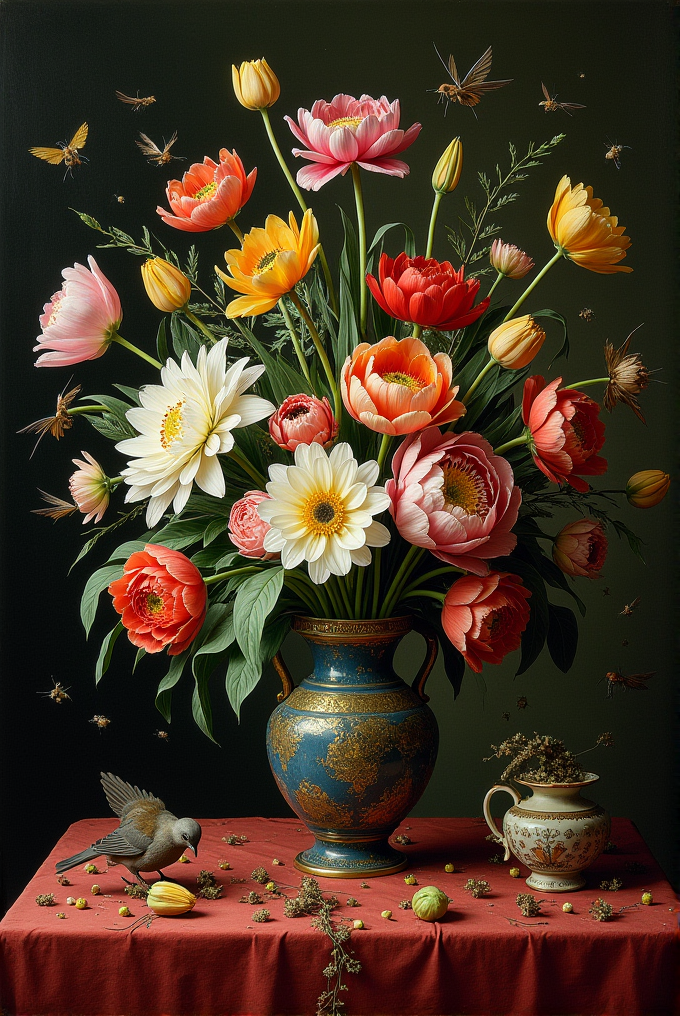 A vibrant bouquet of orange, pink, yellow, and white flowers in a blue and gold vase, surrounded by butterflies and insects, with a small bird on a red cloth and a decorated teapot nearby.