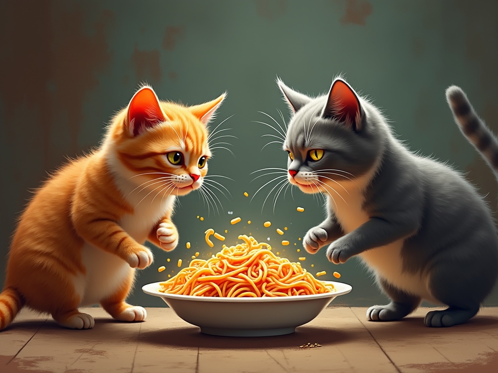 A dramatic scene with two cats facing off over a bowl of spaghetti. One cat is orange; the other cat is gray. Both cats have exaggerated expressions and are poised to grab the spaghetti. The table is wooden, and the background has subtle colors.