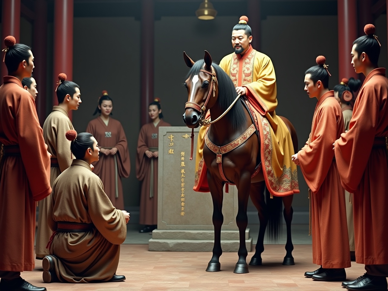 Generate a hyper-realistic photo capturing a pivotal moment in ancient Chinese history. On the left, a humble yet dignified figure kneels, bidding farewell to an important emperor who sits atop a majestic horse. The kneeling figure has a neatly groomed scholar’s beard, symbolizing wisdom. Beside him, attendants in muted red and deep brown Han dynasty robes stand respectfully, some showing signs of their rugged journey. The emperor exudes authority with sharp features and adorned in a luxurious golden robe with intricate dragon embroidery. His youthful face is clean-shaven, emphasizing his vigor. Surrounding him, attendants in vibrant red and gold robes maintain a calm demeanor, enhancing the scene's regal atmosphere. In the center, a stone stele with partially visible inscriptions adds historical depth. The lighting is soft yet dramatic, emphasizing the intricate details of the scene.