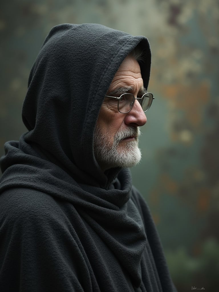 A figure wearing a hooded garment stands in a somber atmosphere Among muted colors related to loss and grief. The background appears abstract and indistinct, suggesting an emotional narrative without explicit details.