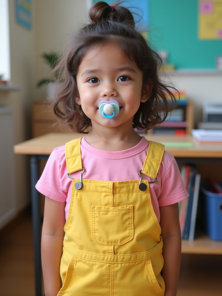 A 7 years old girl is at school. She wears yellow dungarees and a pink t-shirt. The classroom has colorful decorations. The girl stands in front of a desk.