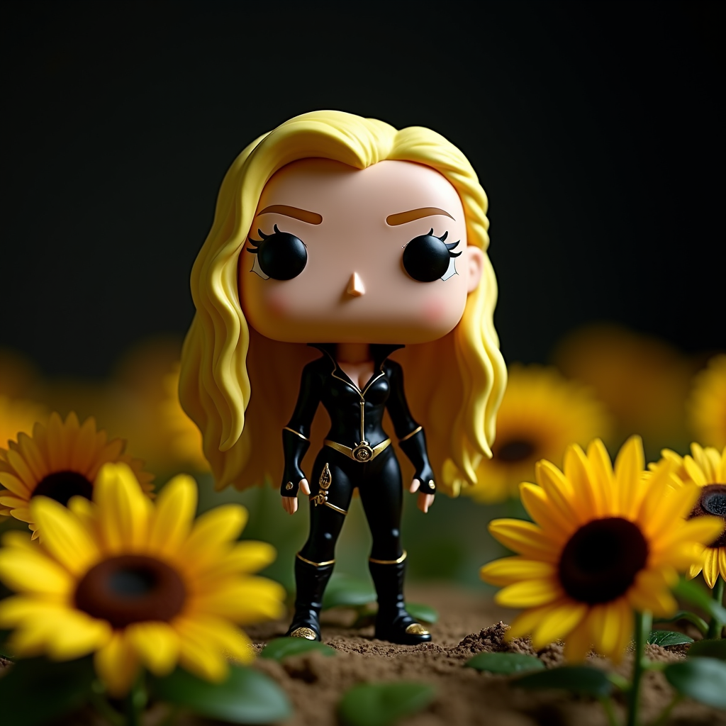 A stylized toy figure with flowing blonde hair in a black outfit stands among bright yellow sunflowers on dark soil.