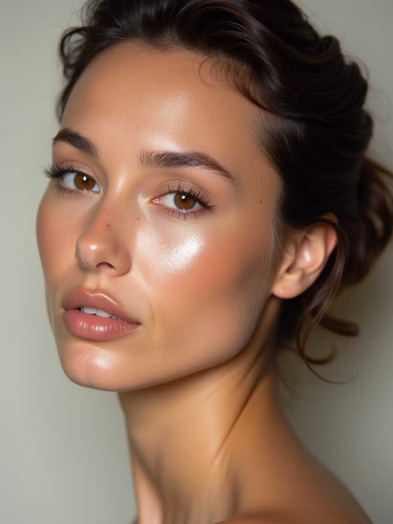 Portrait image featuring smooth and glossy skin with an elegant look. Focused on soft light reflecting well off the skin. Background is neutral and soothing allowing the subject to stand out. The overall mood is calm and serene with gentle highlights on the skin.