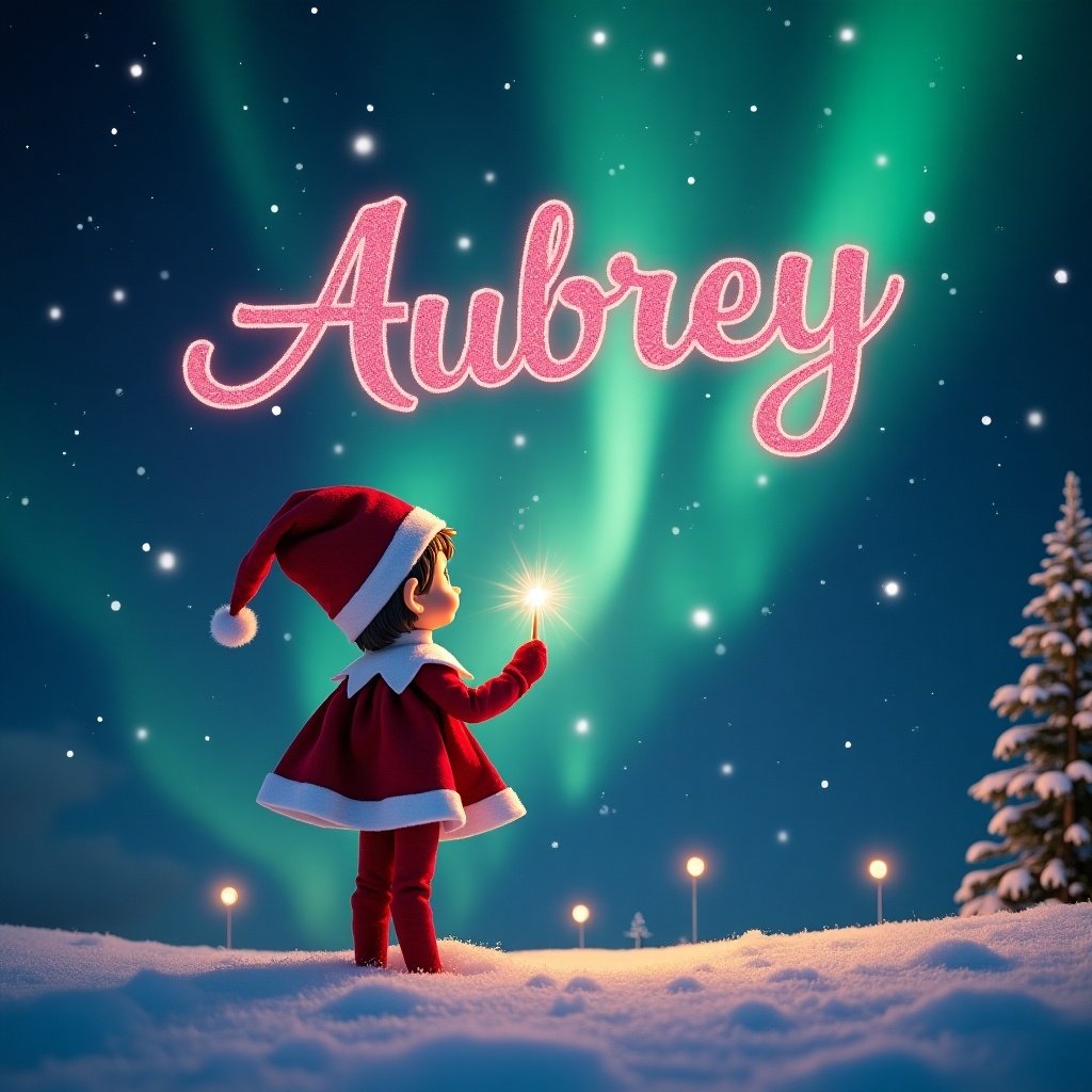 The image features a girl elf on the shelf, which is turned away from the viewer. She uses a wand to write 'Aubrey' in the sky in a shiny pink font. Dressed in a classic red outfit, the elf looks upwards at the dazzling dark sky filled with northern lights. The ground is covered in snow, enhancing the serene holiday vibe. This scene radiates wonder and embodies the true spirit of Christmas.