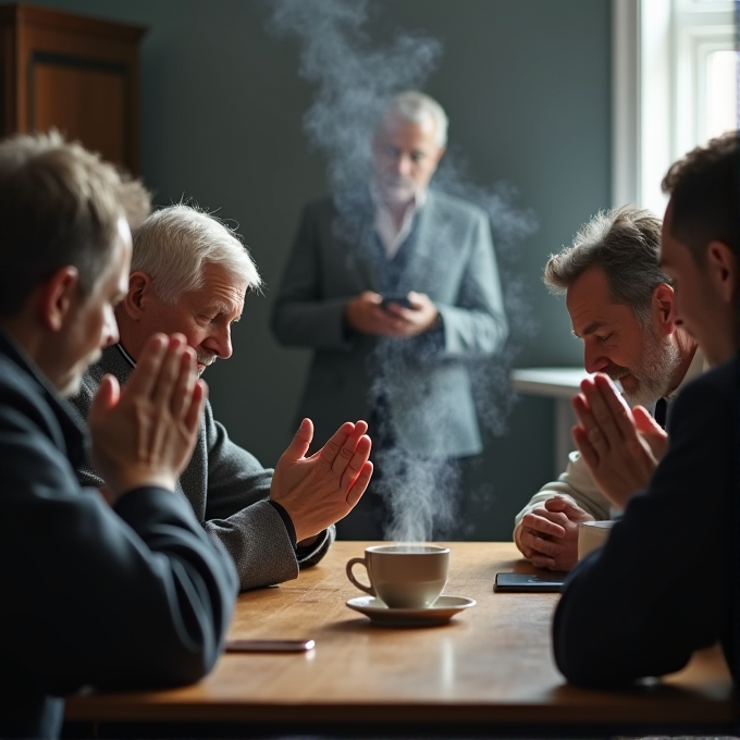 A group of men with solemn expressions gather around a steaming cup of coffee in a dimly lit room.