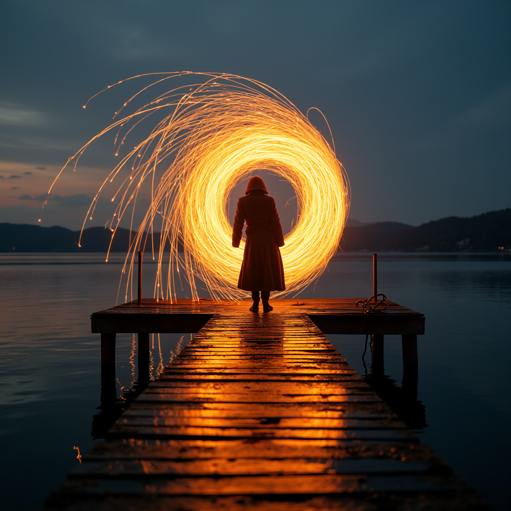 A silhouette stands on a pier, illuminated by a swirling circle of bright orange light against a tranquil waterscape at dusk.