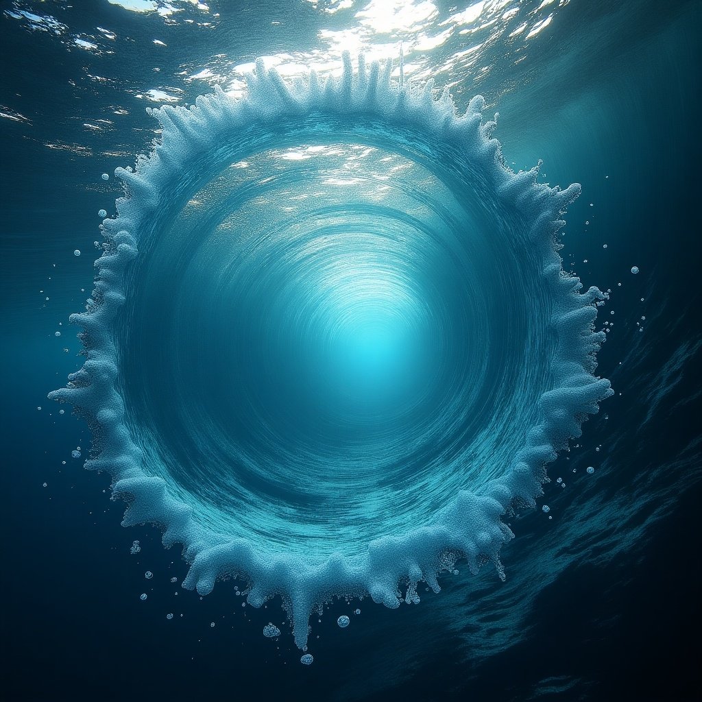 A giant spiraling water vortex appearing underwater. The image shows a circular water design with bubbly edges and varying shades of blue, capturing the motion and depth of the ocean.