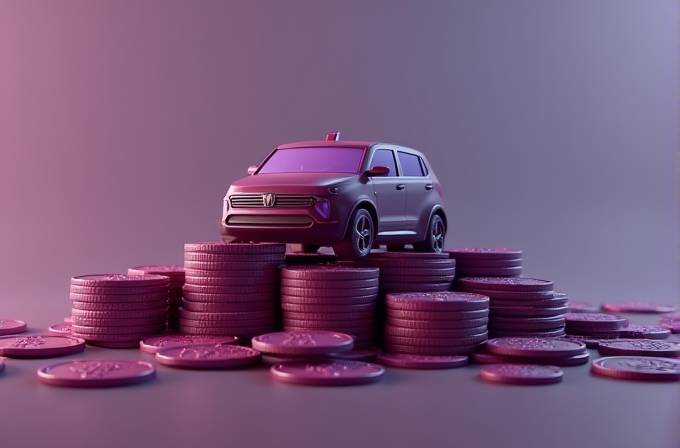 A toy car stands on a pile of stacked coins, creating a whimsical scene against a gradient purple backdrop.