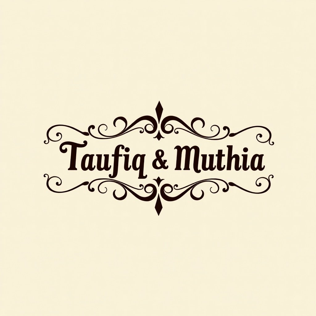 The image showcases the word Taufiq and Muthia in a styled font. It features intricate swirls and flourishes. The color palette consists of soft beige with dark brown, creating a warm feel. This design emphasizes creativity and artistry.