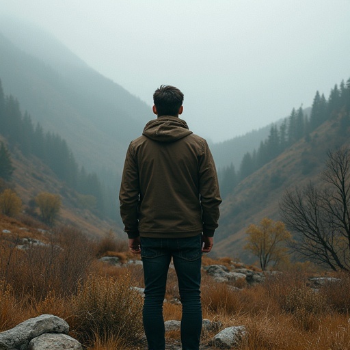 A man stands in front of a vast landscape. Scene captures back view of the man facing the mountains. Surrounding area includes rocky terrain and sparse vegetation.