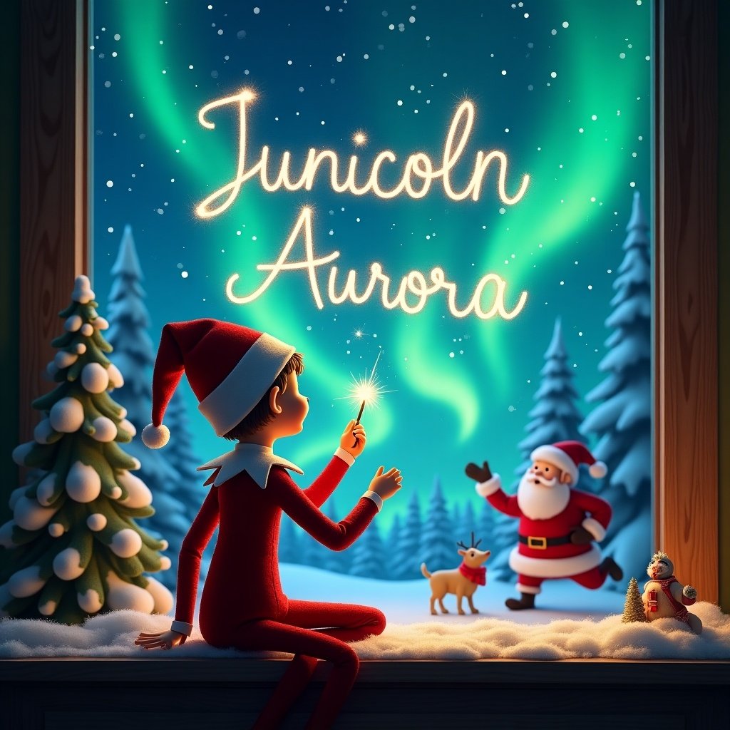 Elf sitting in front of a window with back to the viewer. Facing the sky. Using a wand to write names in the sky. Background features magical Christmas elements. Northern lights and Santa present. Names Juniper, Lincoln, Aurora written elegantly in the sky.