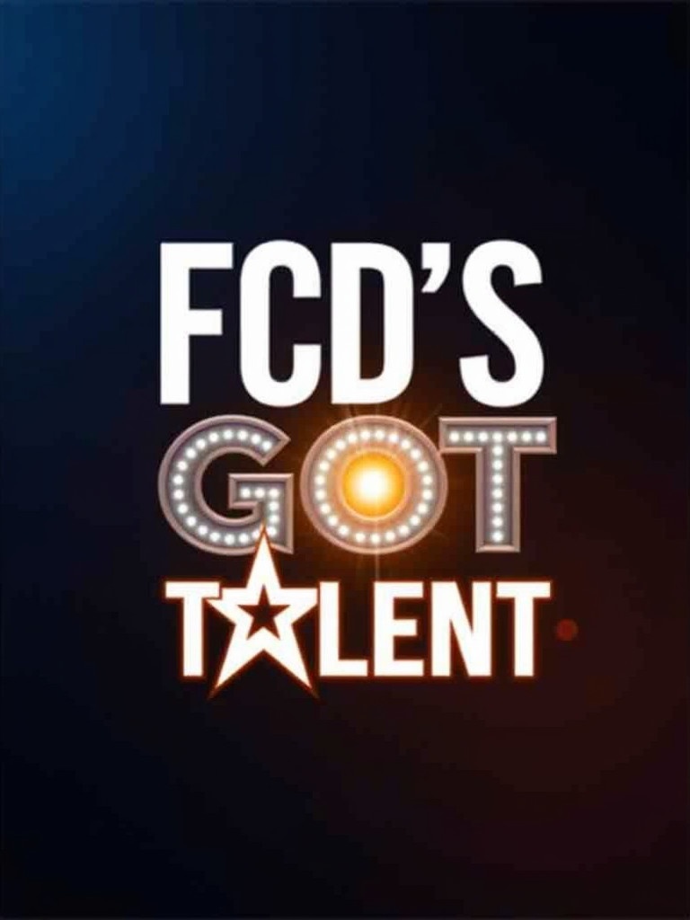 Bold modern typography design with text 'FCD'S GOT TALENT'. Dark gradient background transitioning from blue to orange. Suitable for a talent show emphasizing creativity.