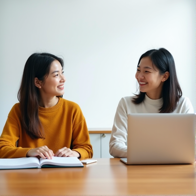 Two women are sitting at a table engaged in conversation, one with a book and the other with a laptop, both smiling and wearing cozy sweaters.