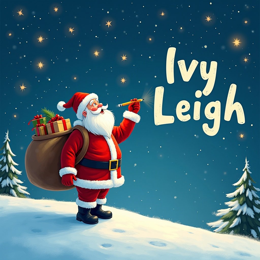 Santa Claus stands on a snowy hill under a starry night sky. He holds a pencil and looks up writing names in the sky. Santa wears a traditional red and white suit and has a large sack of gifts. The night is bright with twinkling stars. 'Ivy Leigh' is in a whimsical font.