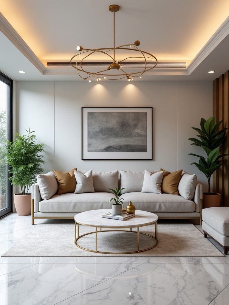 Contemporary living room designed with marble flooring. Features a light grey sofa and white marble coffee table with gold accents. Includes house plants and a modern gold chandelier with recessed lights in the ceiling.