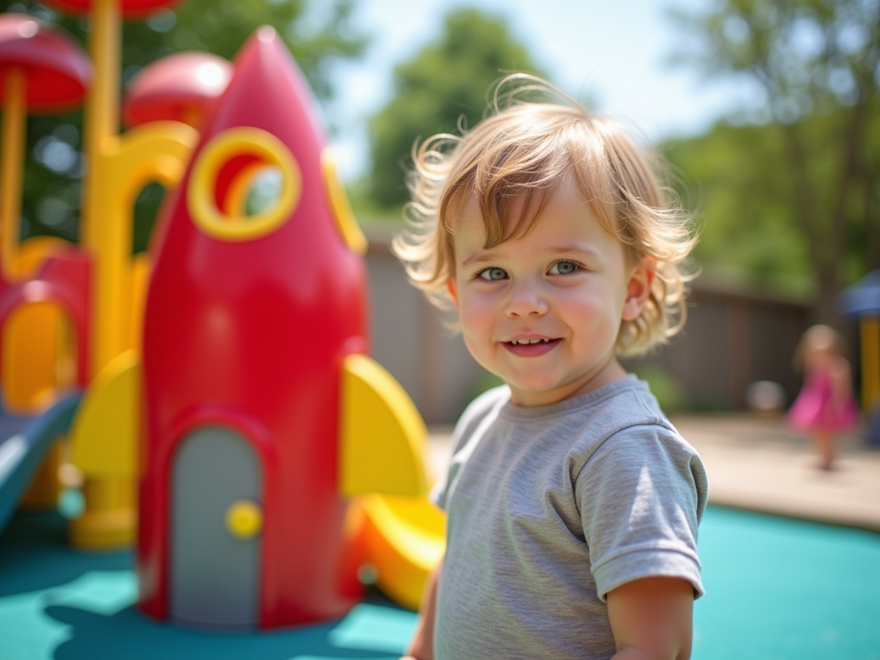 The image showcases an engaging playground designed for children. In the foreground, a happy child looks curiously at the camera. The playground features a whimsical rocket-shaped play structure, inviting exploration. Bright colors like red and yellow dominate the scene, promoting a lively atmosphere. The background shows other children playing, emphasizing social interaction and outdoor fun.