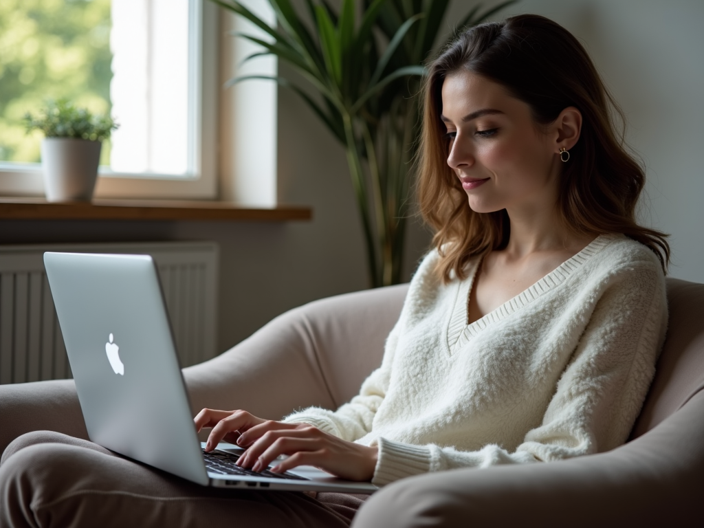 A woman in a cozy sweater works on a laptop near a window with natural light.