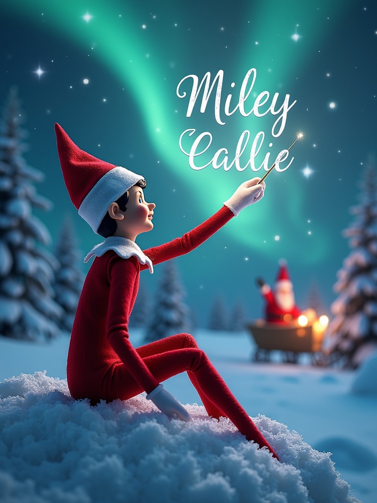 A Christmas scene shows an elf on the shelf. The elf gazes upwards writing names in the night sky. Northern lights illuminate the background. Snow covers the ground creating a winter wonderland. The scene captures holiday joy.