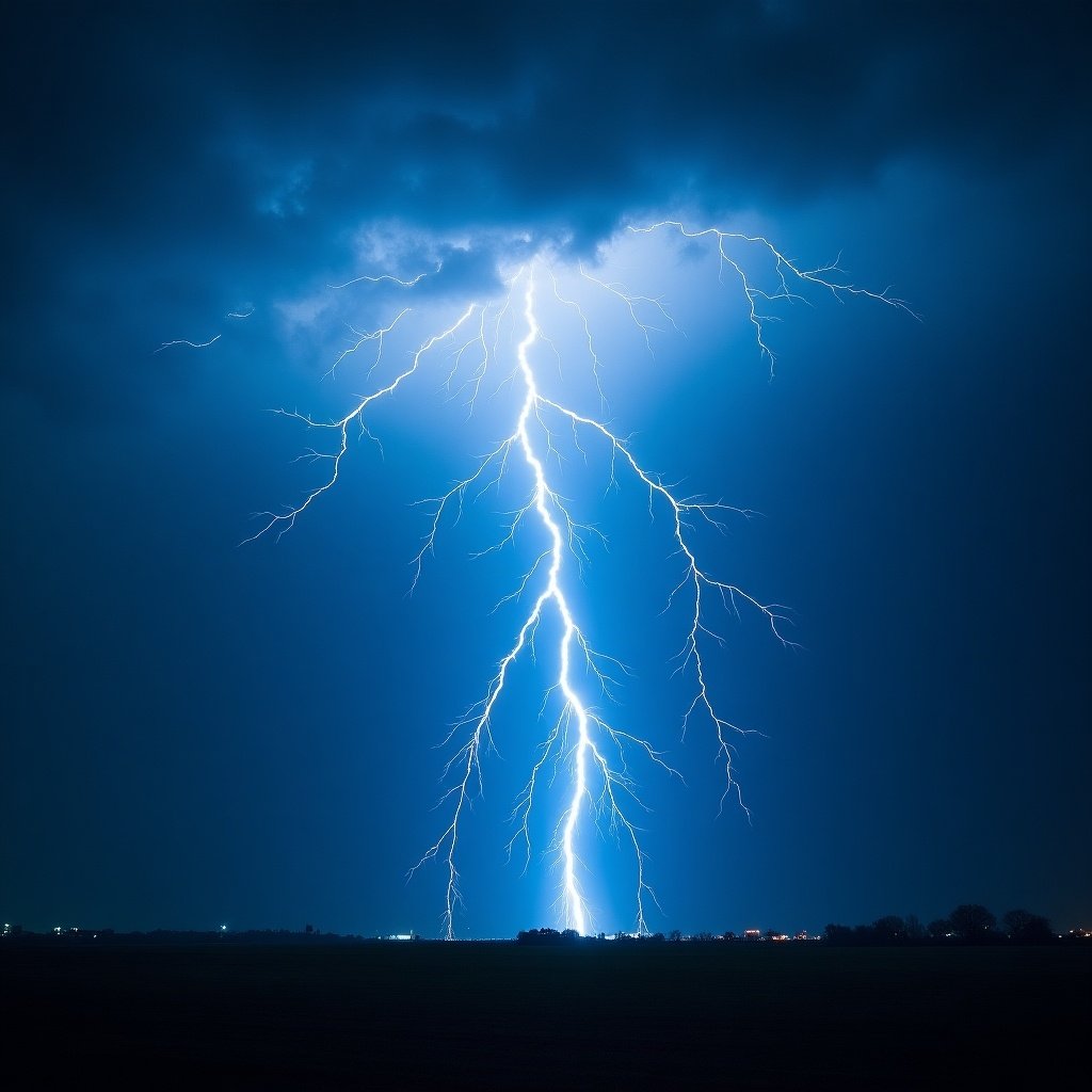 Dramatic scene of a powerful lightning strike illuminating a stormy sky. Vibrant blue tones contrast with dark clouds. Lightning branches out dramatically, creating an awe-inspiring view. Evokes feelings of intensity and power, reminiscent of heavy metal music. Atmosphere is electric and charged, suitable for album art or music themes.