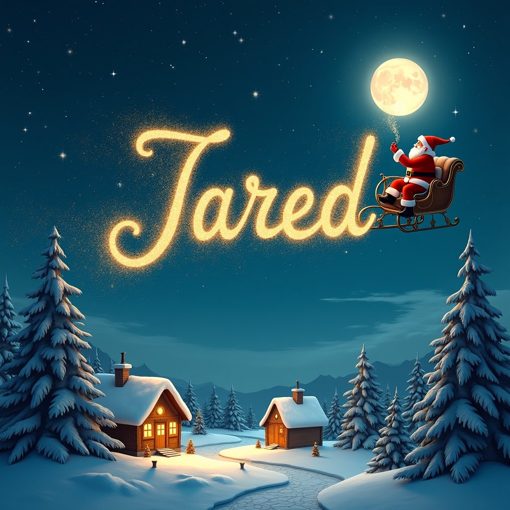 Santa flying in a sleigh through a snowy landscape. Santa writing the name Jared in the night sky with sparkles. Houses and evergreen trees in the foreground.