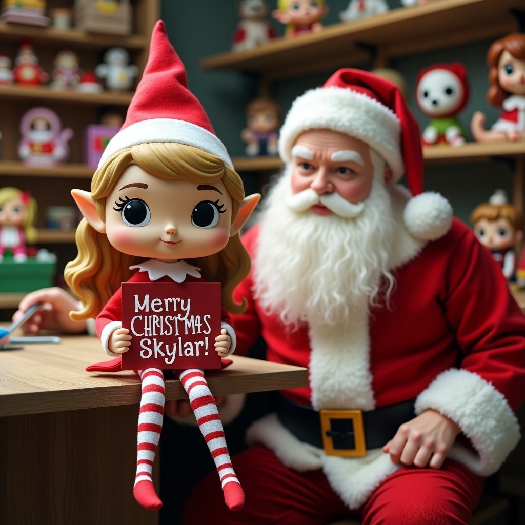 Elf on the Shelf is holding a sign. Sign says Merry Christmas Skylar. Elf sits with Santa in a toy workshop. Funko Pops are being made in the background.