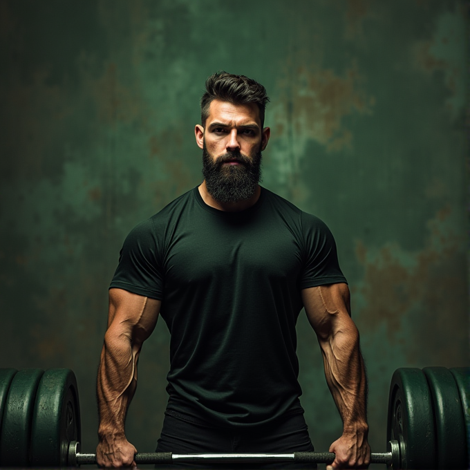 A muscular man with a beard is lifting weights against a rustic green textured background.