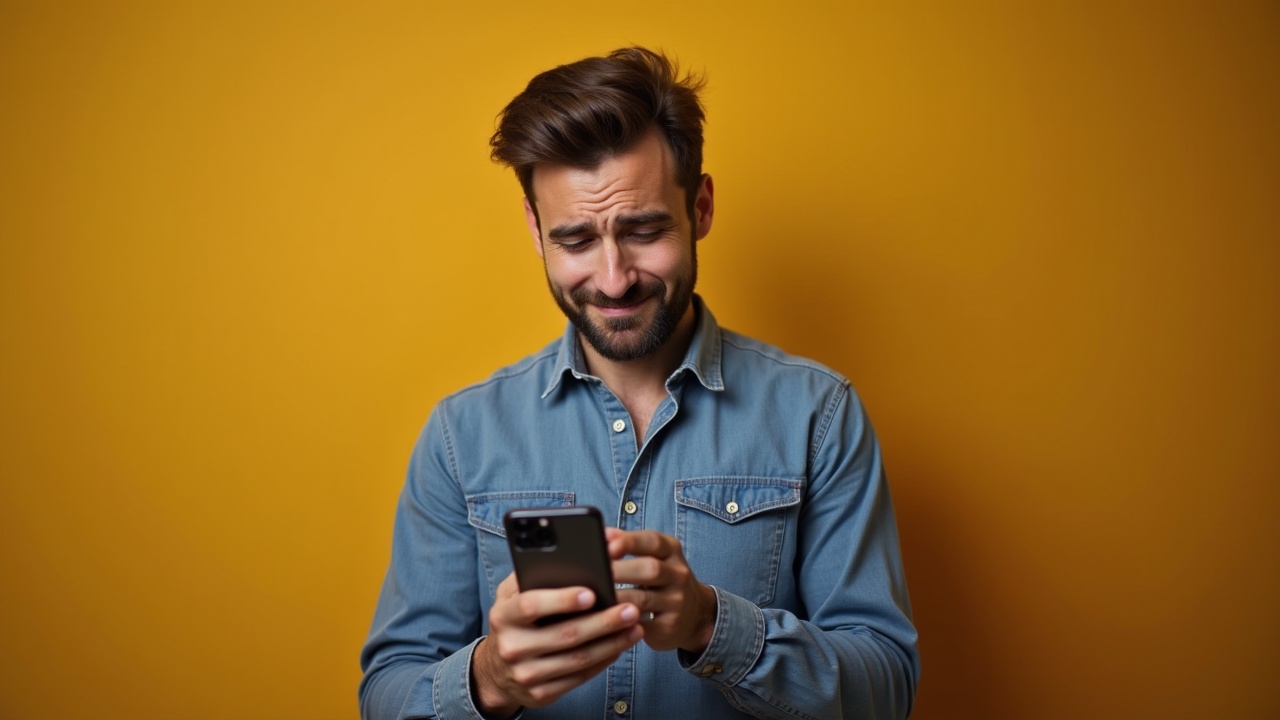 A man in a denim shirt is holding a smartphone, seemingly engaged with its content, against a vibrant yellow background. His expression suggests he might be puzzled or concerned, adding depth to the narrative of everyday digital interactions.