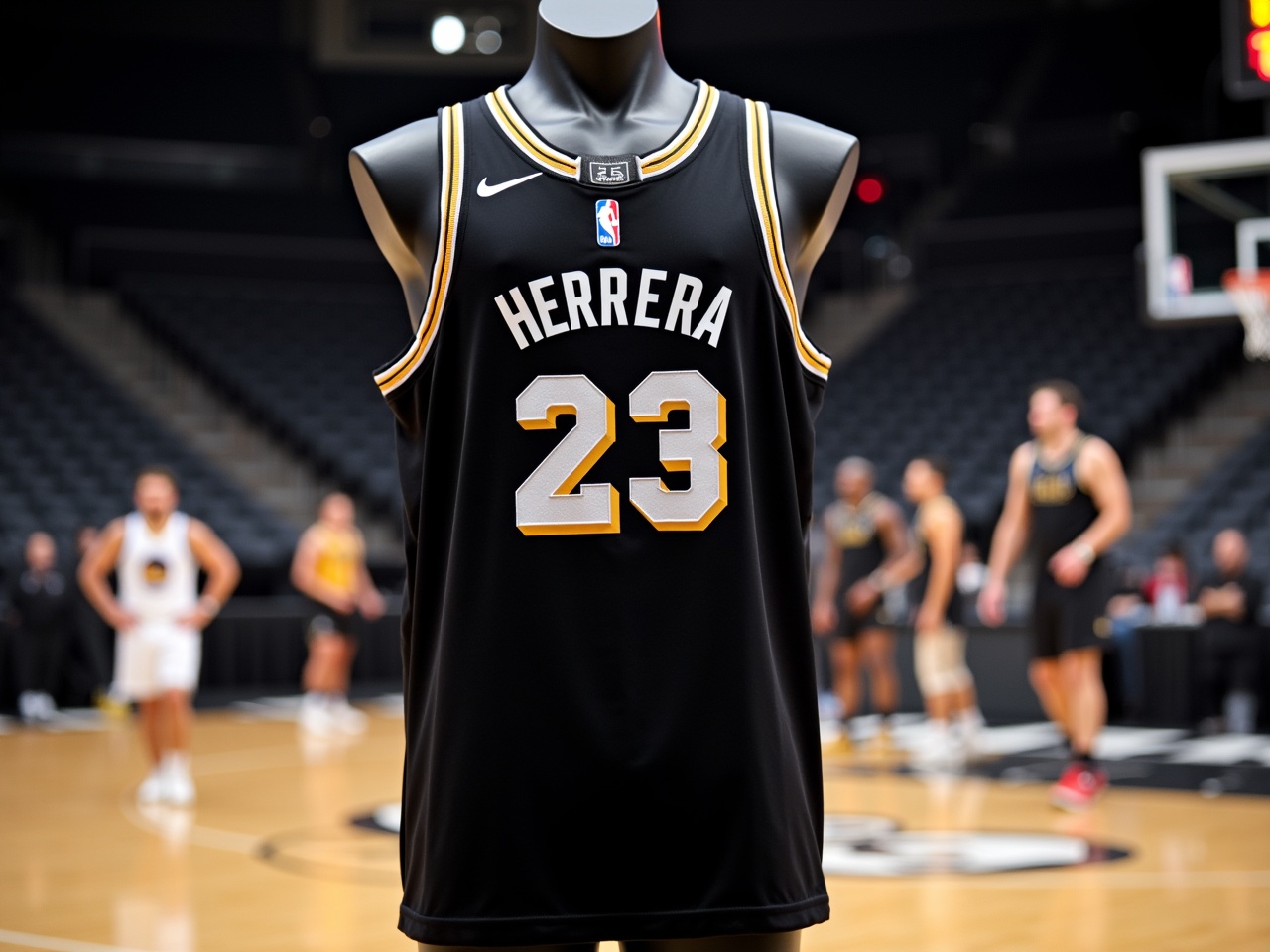 Black Basketball Jersey HERRERA 23 Displayed with Players in Training Background Flux AI Image