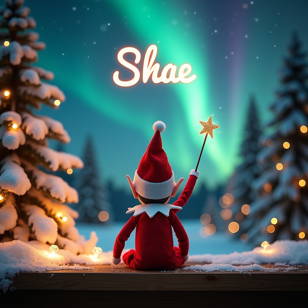 An enchanting Christmas scene depicts a playful elf on the shelf. The elf is dressed in traditional red and white and is facing the sky with its back to the viewer. It wields a magic wand that creates the glowing word 'Shae' in bright script above. The backdrop features stunning northern lights that infuse the scene with vivid color and a magical ambiance. Surrounding the elf are snow-covered trees adorned with twinkling lights, enhancing the festive atmosphere.