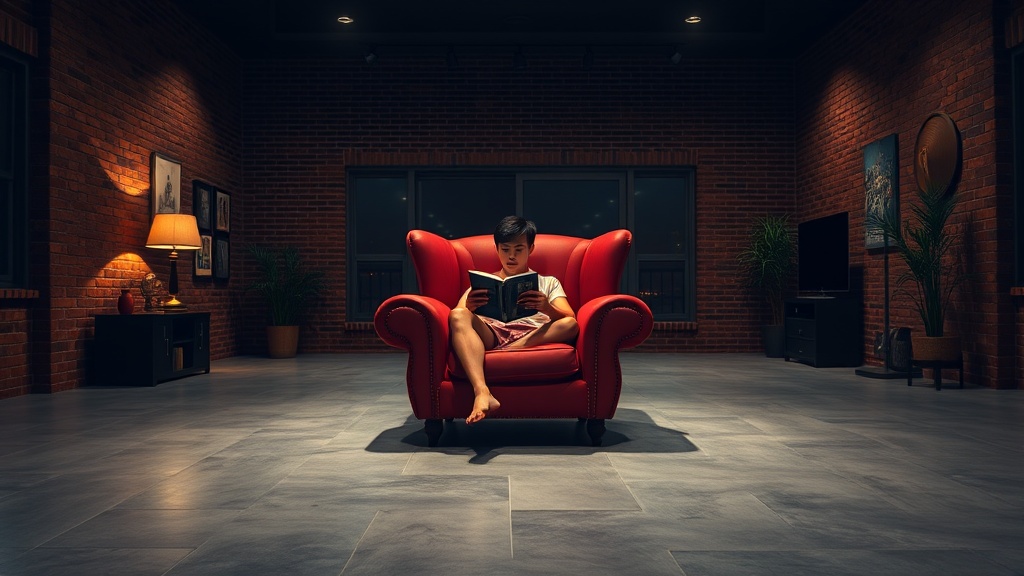 A person sits comfortably in a large, red armchair, deeply engrossed in a book. The setting is a spacious room with brick walls, giving it an industrial yet cozy feeling. Warm, ambient lighting creates a relaxing atmosphere, with additional decorative elements such as framed pictures and foliage enhancing the room's aesthetic.