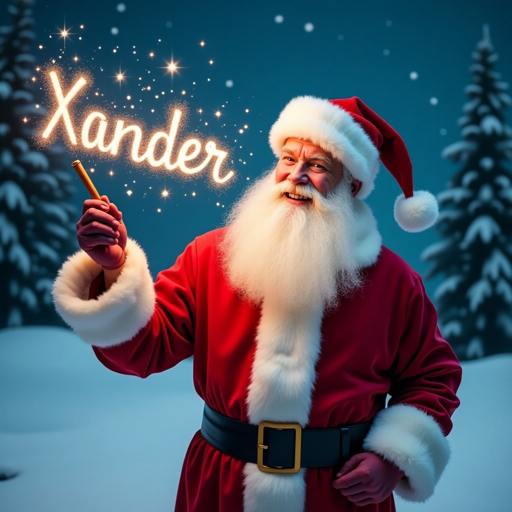 A jolly Santa Claus poses in a snowy landscape. He holds a magical wand shining with sparkles. The name Xander is written in the sky. Santa wears a classic red suit with white trim and a matching hat. His eyes twinkle with joy. Behind him is a snowy scene with evergreen trees and a starry night sky. The atmosphere feels festive and magical.