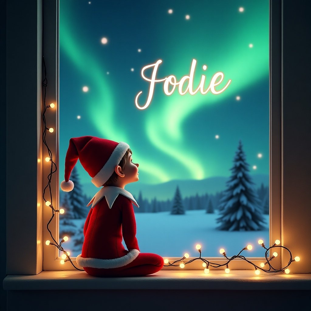 A whimsical scene depicting an elf sitting on a windowsill. The elf looks out at the beautiful northern lights shining in the night sky. Soft fairy lights twinkle around the elf, creating a cozy atmosphere. The words 'Jodie' are written in the sky, adding a personal touch. The elf's red outfit and Santa hat bring a festive charm to the scene, evoking feelings of wonder and excitement during the holiday season.