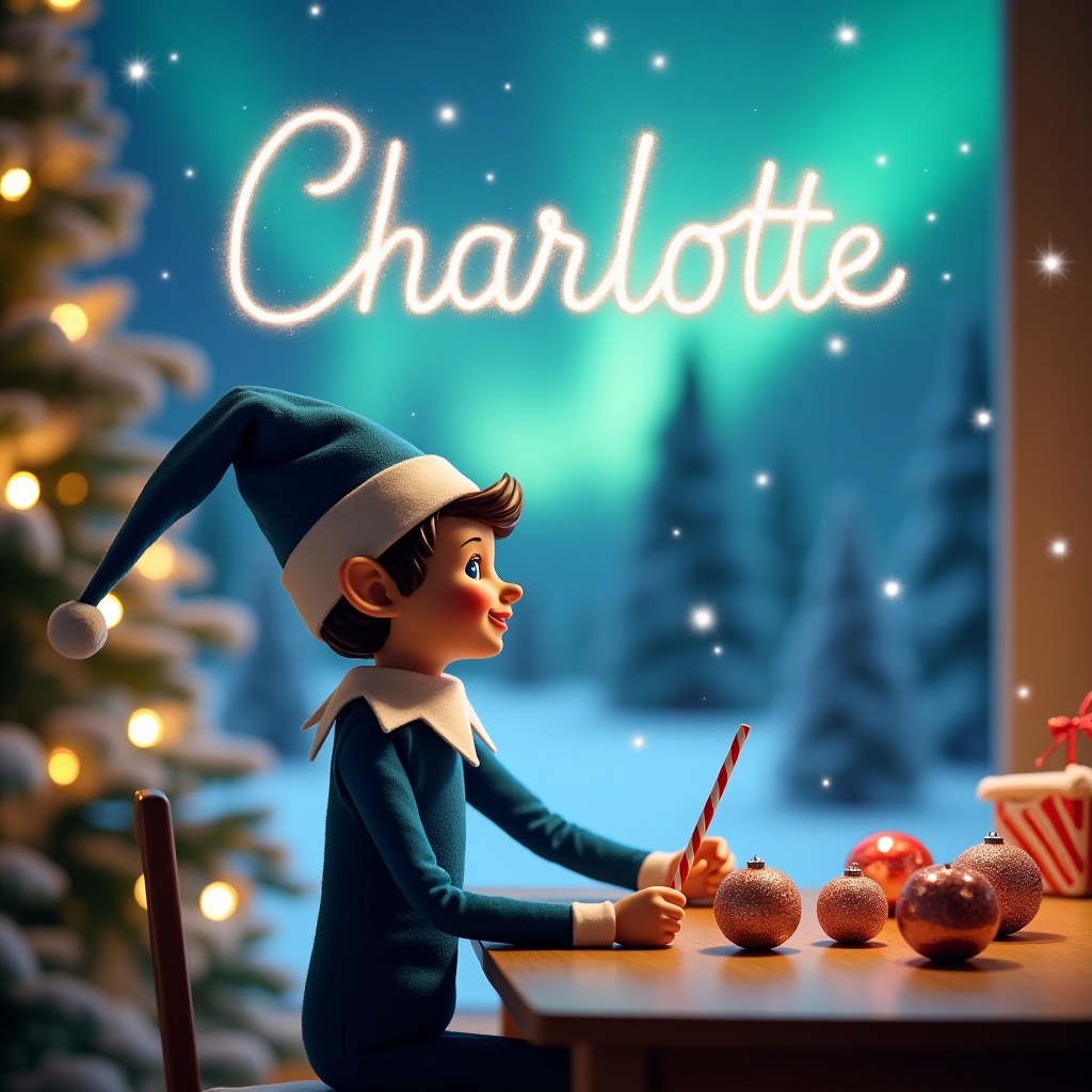 A charming Christmas elf dressed in cheerful blue attire, complete with a hat, is focused on writing names on decorative baubles. The elf has a playful expression and is sitting at a wooden table surrounded by holiday decorations. The background features a softly lit Christmas tree adorned with twinkling lights. The elf holds a red and white candy cane, adding to the festive atmosphere. This scene evokes a sense of holiday cheer and delightful anticipation. The names being written include 'Charlotte', emphasizing a personal touch for the festive season.