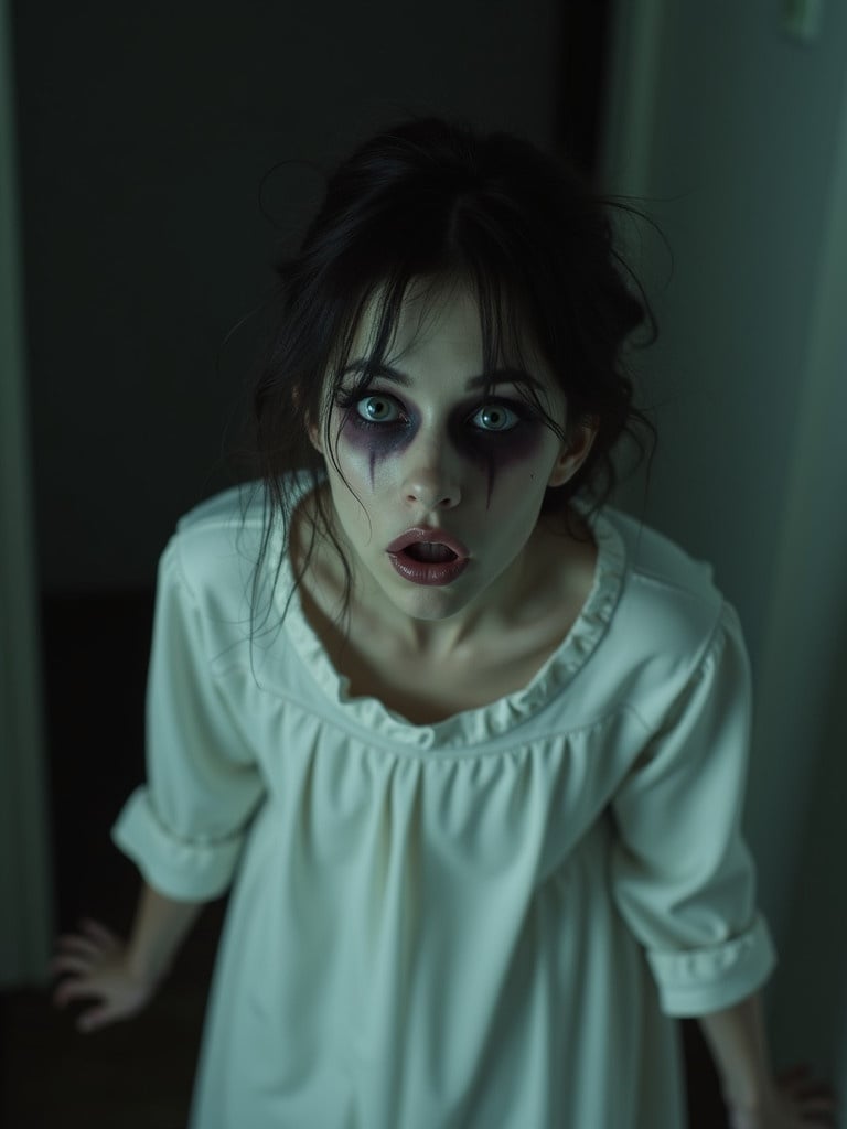 The image shows a woman in a white gown looking unsettling. She appears in a dimly lit room with messy hair and a hunched posture. The atmosphere is creepy. Her mouth is wide and her eyes are small. Her pose engenders a sense of horror.