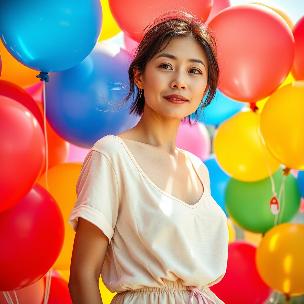 A person stands among vibrant multicolored balloons, creating a joyful and festive atmosphere.