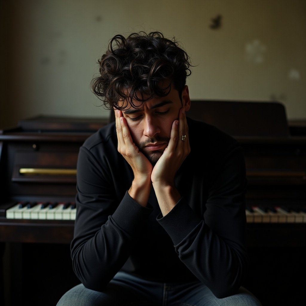 Portrait of an individual engaged in deep contemplation. Background features a piano. Symbolizes emotional expression and inner conflict. Light and shadow contrast highlights complexities of pain and self-discovery. Textured background suggests urban life or dark alleys.