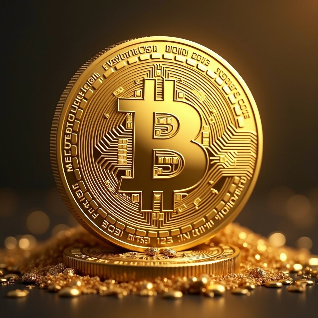 Image shows a gold Bitcoin coin widely recognized for digital currency. The coin is stacked with several smaller gold coins on a dark surface. The lighting creates a warm effect enhancing the gold color. The background features scattered small golden coins to emphasize wealth and investment.